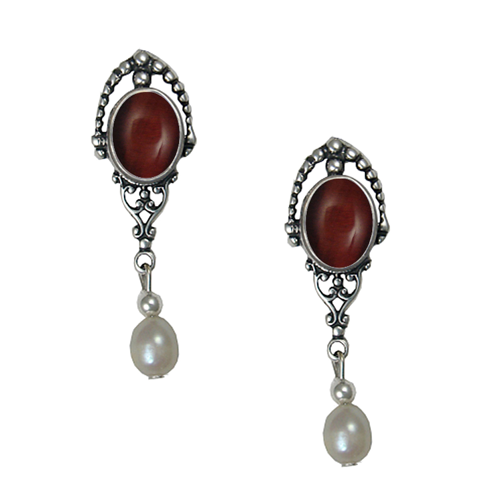 Sterling Silver Cultured Freshwater Pearl Drop Dangle Earrings With Red Tiger Eye